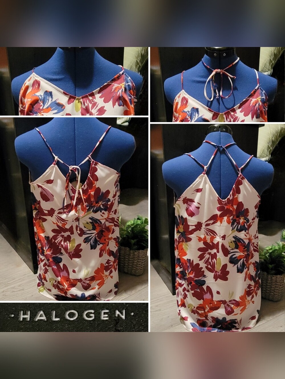Halogen Ivory & Floral Multicolor Flowy Adjustable Strap Cami Blouse, Medium